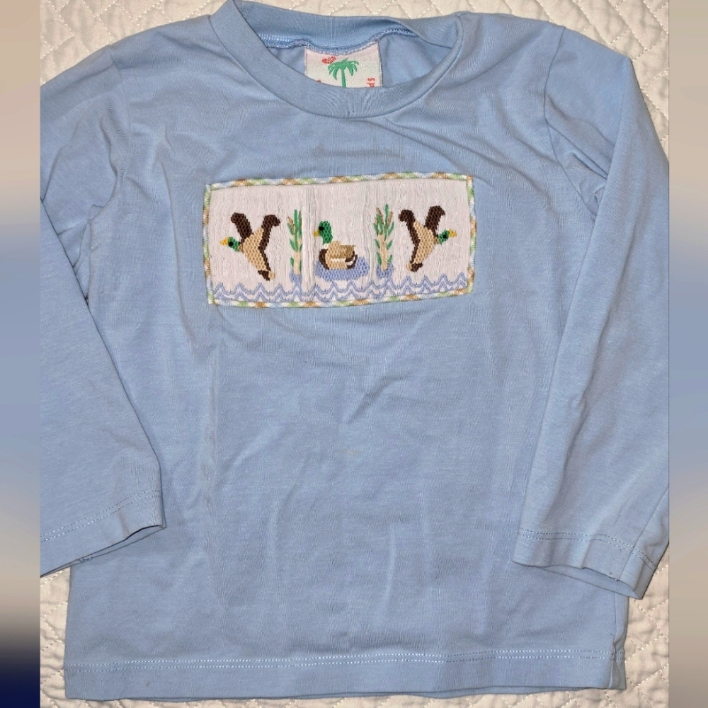 SHRIMP & GRITS Blue Kids Long Sleeve Shirt With Duck Smocking